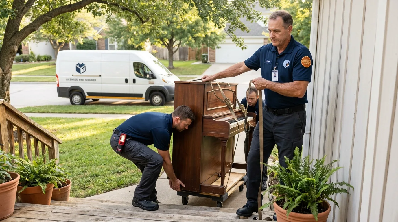 Licensed piano movers securing grand piano in Davidson, NC