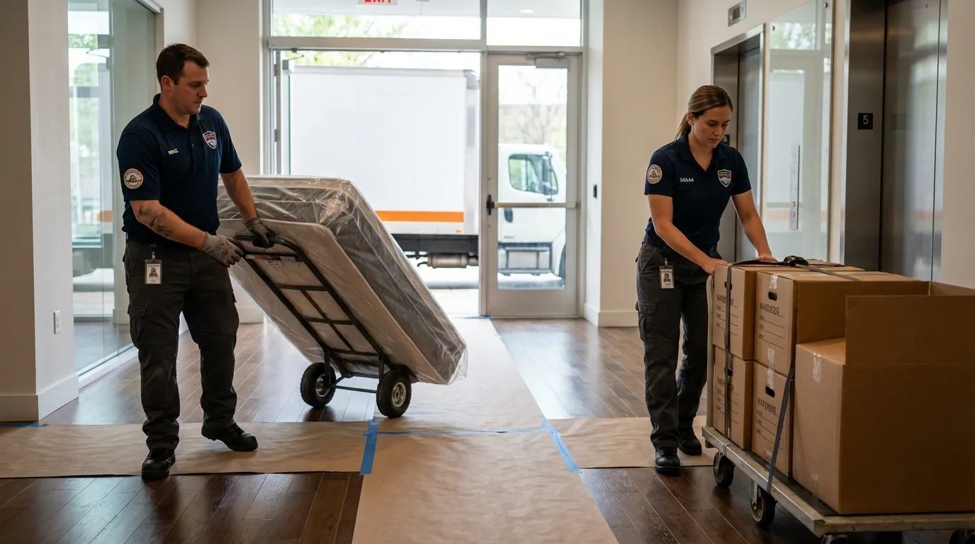 Professional apartment movers loading elevator in Davidson, NC